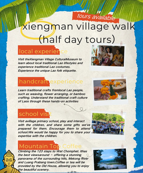 Promotional flyer for Xiengman village walk tours with text and images of activities.
